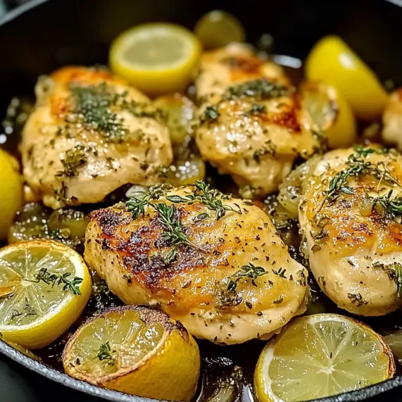 A pan of chicken with lemon and herbs.
