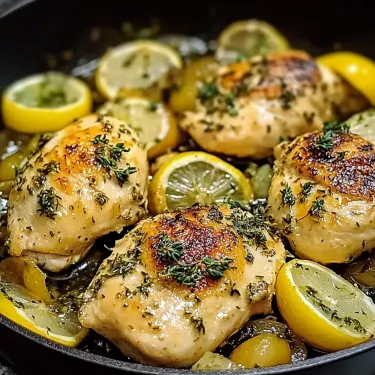 Chicken sizzling in a skillet with sprigs of fresh herbs and bright slices of lemon.