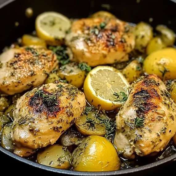 A pan of chicken and potatoes.