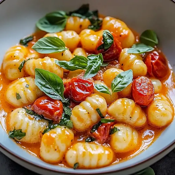 Bowl loaded with pasta, juicy tomatoes, and fresh basil leaves.