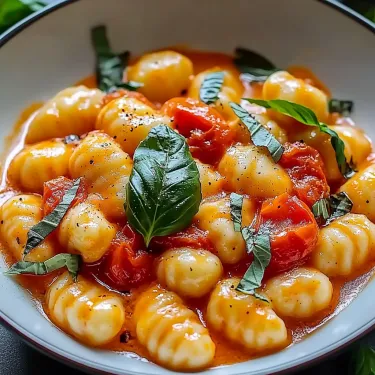 A bowl of pasta with tomatoes and basil.
