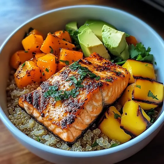 A bowl filled with salmon and colorful veggies.