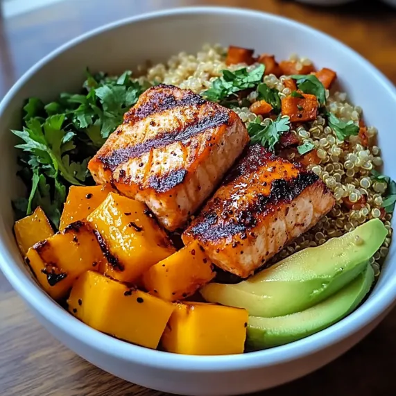 Bowl topped with salmon, avocado slices, and roasted veggies.
