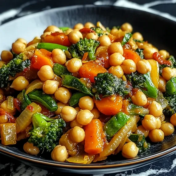 A plate stacked with chickpeas, broccoli, and carrots.