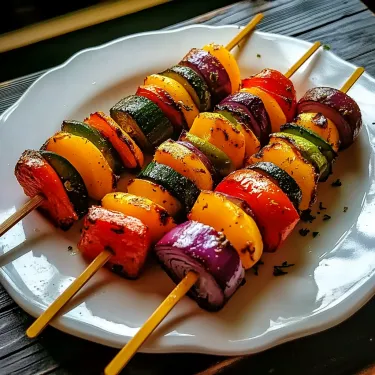 A plate full of bright, grilled veggies on skewers.