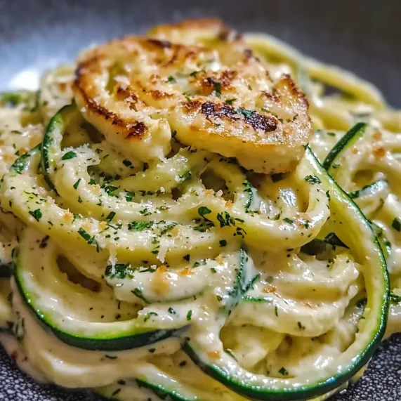A plate of pasta with a zucchini on top.