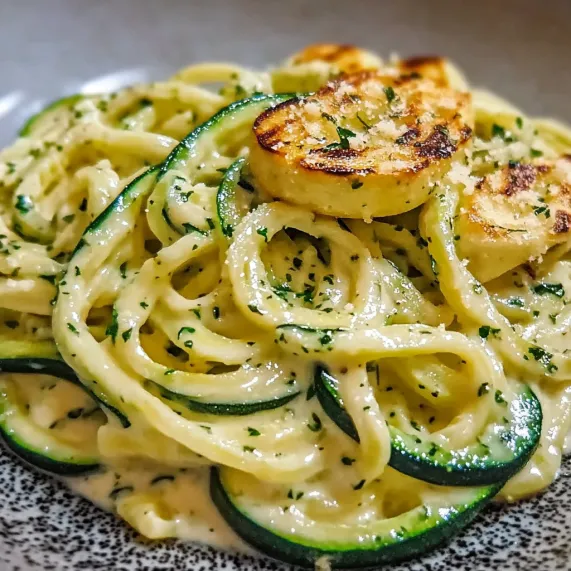 A plate of pasta with zucchini and shrimp.