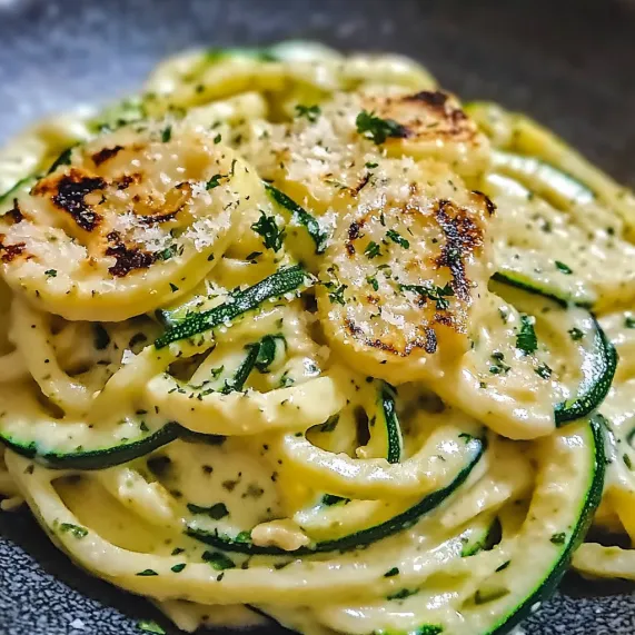 A plate of pasta with zucchini and cheese.
