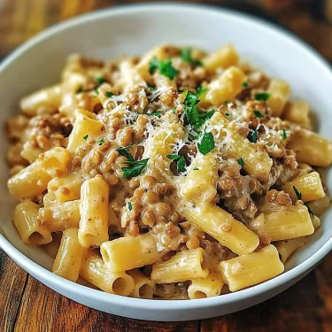 A bowl of pasta with meat and cheese.