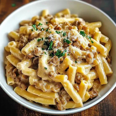 Steamy pasta sitting in a bowl with cheese and savory bits.
