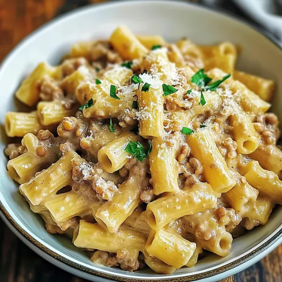 A bowl of pasta with meat and cheese.