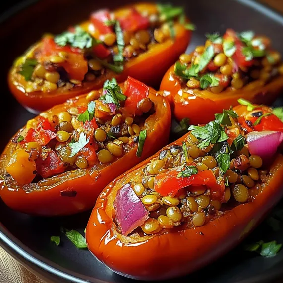 A plate with peppers sliced open, stuffed with lentil and tomato filling.