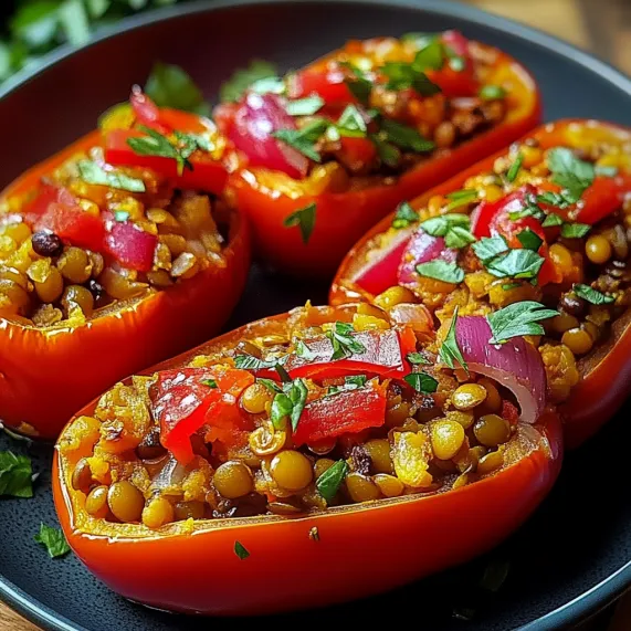 Three bright red peppers with fresh green herbs scattered on top.