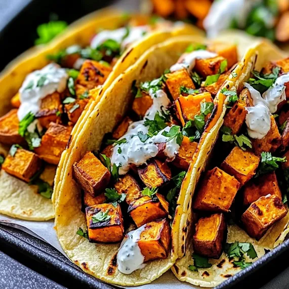 Pair of tacos topped with veggies and sour cream.