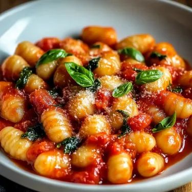 A bowl of pasta with sauce and green leaves.