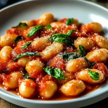 A plate of pasta with sauce and green leaves.