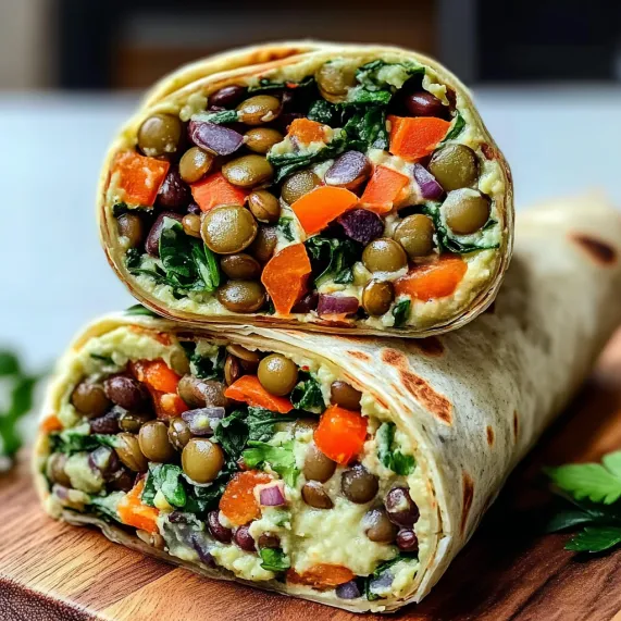 A tortilla stuffed with vegetables and lentils.