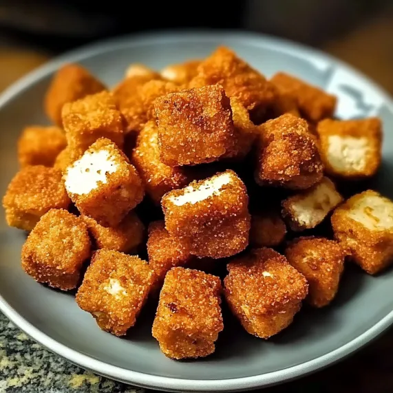 Crispy tofu pieces with a golden hue on a plate.