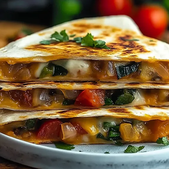 A stack of three quesadillas with vegetables.