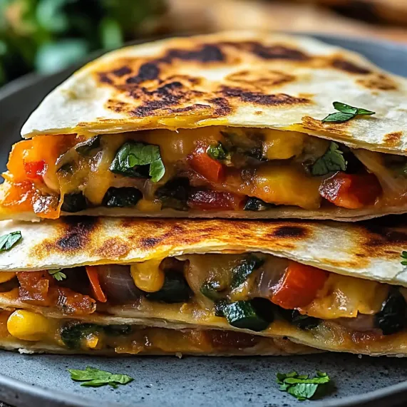 Three veggie-loaded quesadillas stacked together.