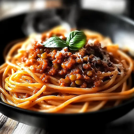 Spaghetti in a bowl with sauce and a bright green leaf on top.