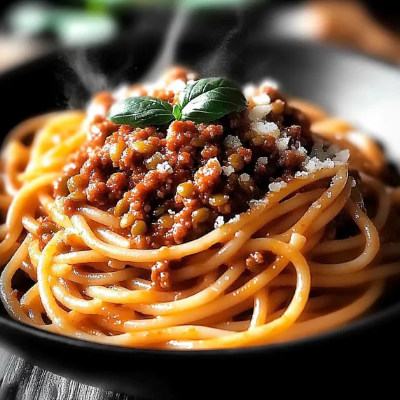 A bowl of spaghetti with sauce and a sprig of parsley on top.