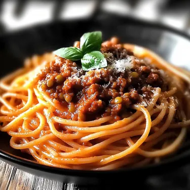 A bowl of spaghetti with a green leaf on top.