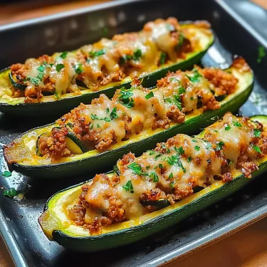 Two zucchini boats filled with cheese and meat.