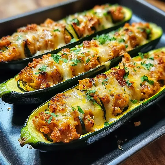 Two zucchini halves stuffed and plated up for eating.