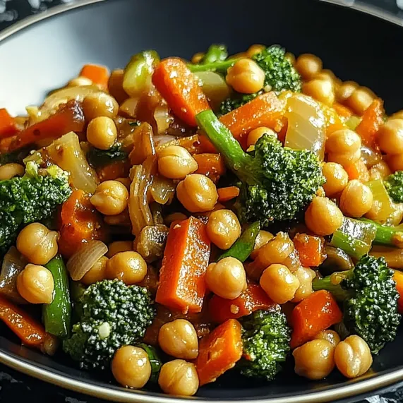 Carrots, chickpeas, and broccoli tossed together in a bowl.