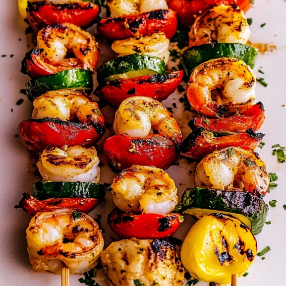 Shrimp, peppers, and zucchini on a stick.