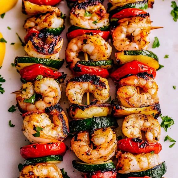 Shrimp and grilled veggies lined up on skewers on a plate.