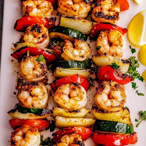 Shrimp and vegetable skewers on a plate.
