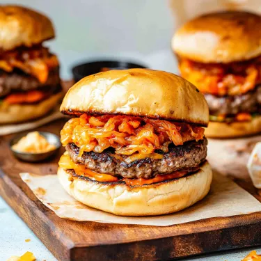 Two burgers on a wooden table.