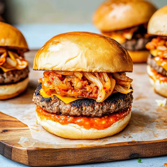 Burger stacked with meat, melty cheese, and crunchy slaw.