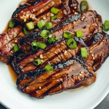 Steak slices on a plate with green onions sprinkled over.
