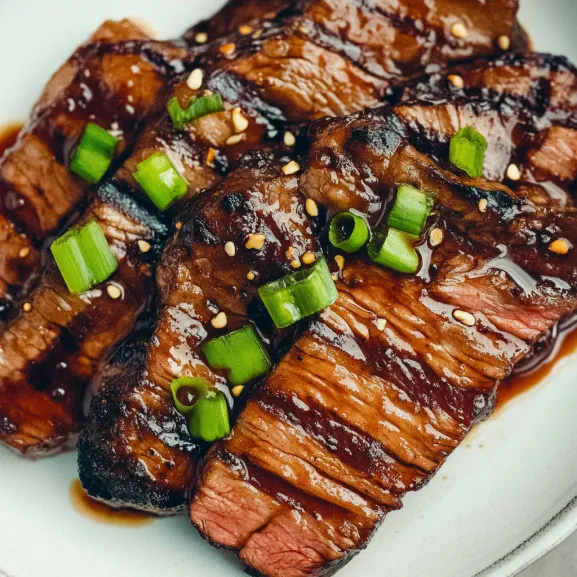 Steak slices on a plate with green onions sprinkled on top.
