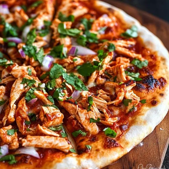 A pizza with chicken and vegetables on top.