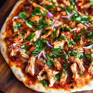 A pizza with chicken and veggies on top.