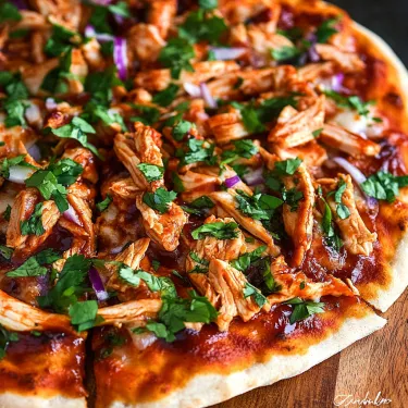A pizza with chicken and vegetables.