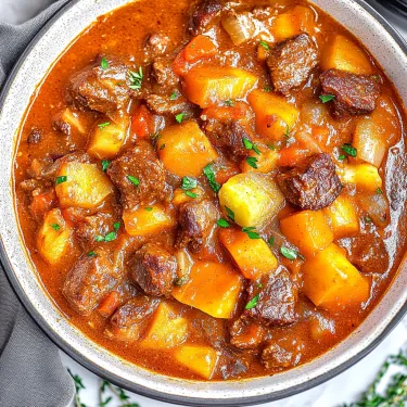 A bowl of stew with meat and vegetables.