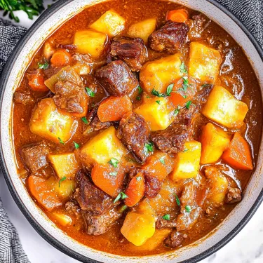 A bowl of stew with meat and vegetables.