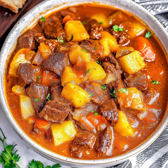 A bowl of stew with meat and vegetables.