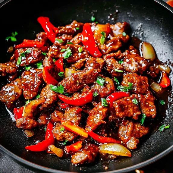 A bowl of beef and peppers.