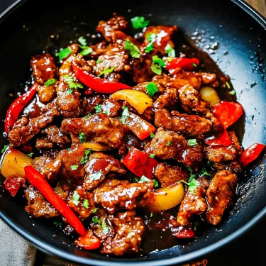 A bowl of meat with peppers and onions.