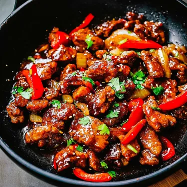 A bowl of chicken and peppers.