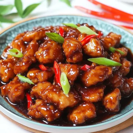 A plate of chicken with red peppers and green onions.