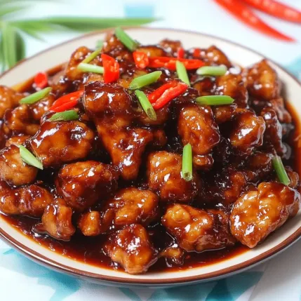 A plate of food with chicken and peppers.