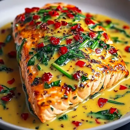 A piece of fish with sauce on it.