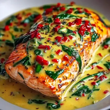 A piece of fish with a creamy sauce.